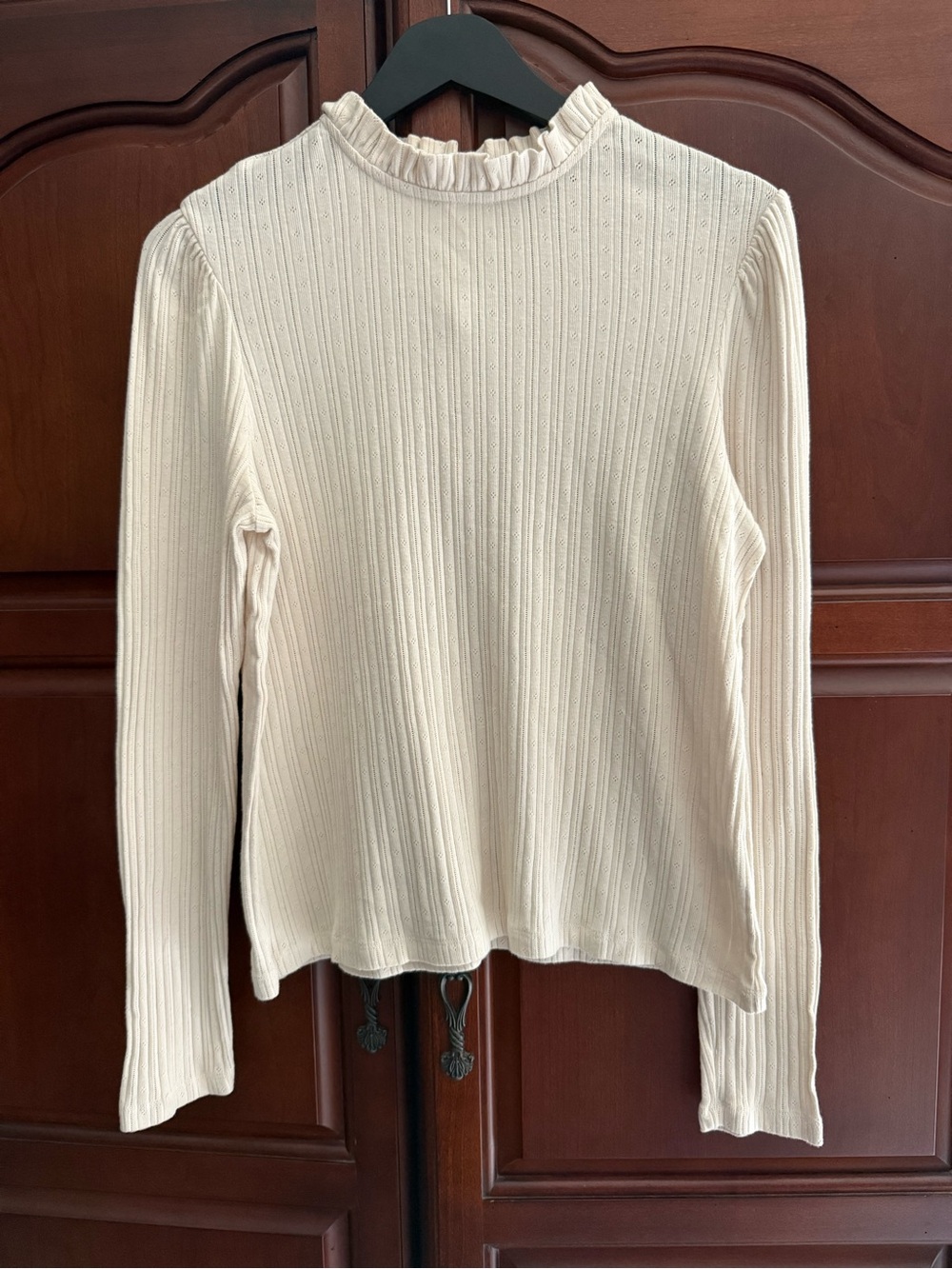 ME+EM Pointelle Ruffle Neck Long Sleeve Blouse Size 10 Large Cream Ribbed Zip